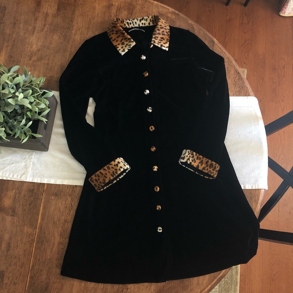 Vintage 90s Black Velvet Leopard Mini Dress Tunic